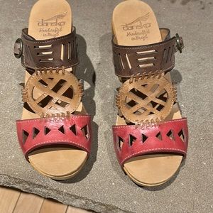 Dansko Multicolor Leather Cutout Sandals - Red, Brown, Tan